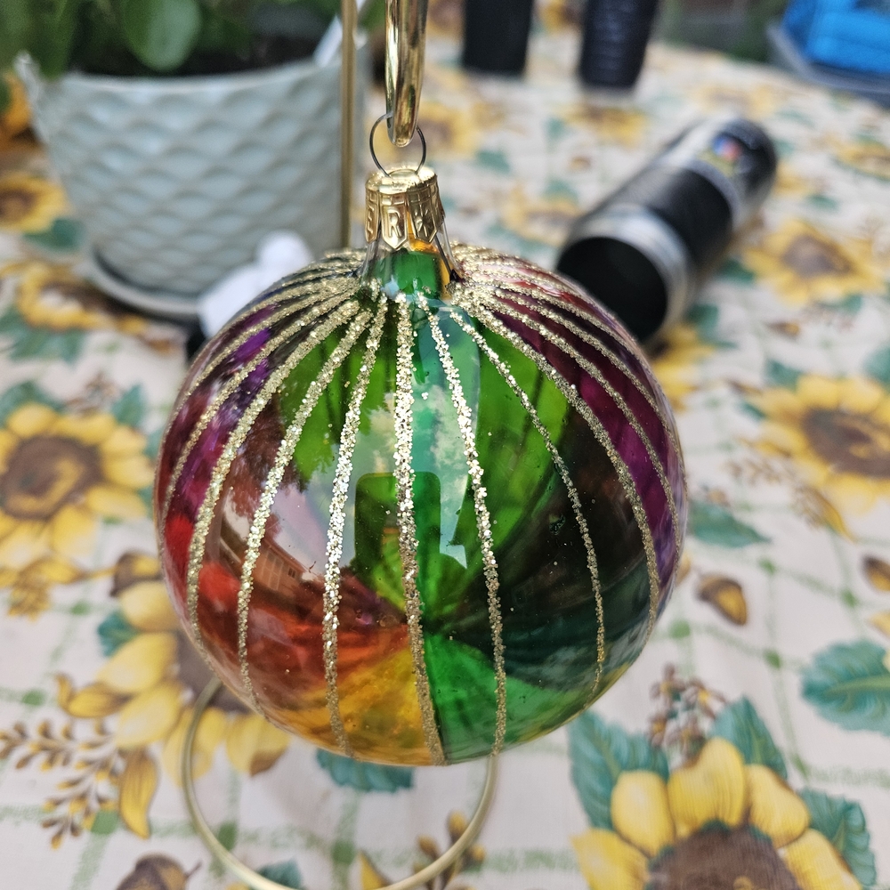 Pier 1 Vibrant RAINBOW Glass Ornament with Gold Glitter